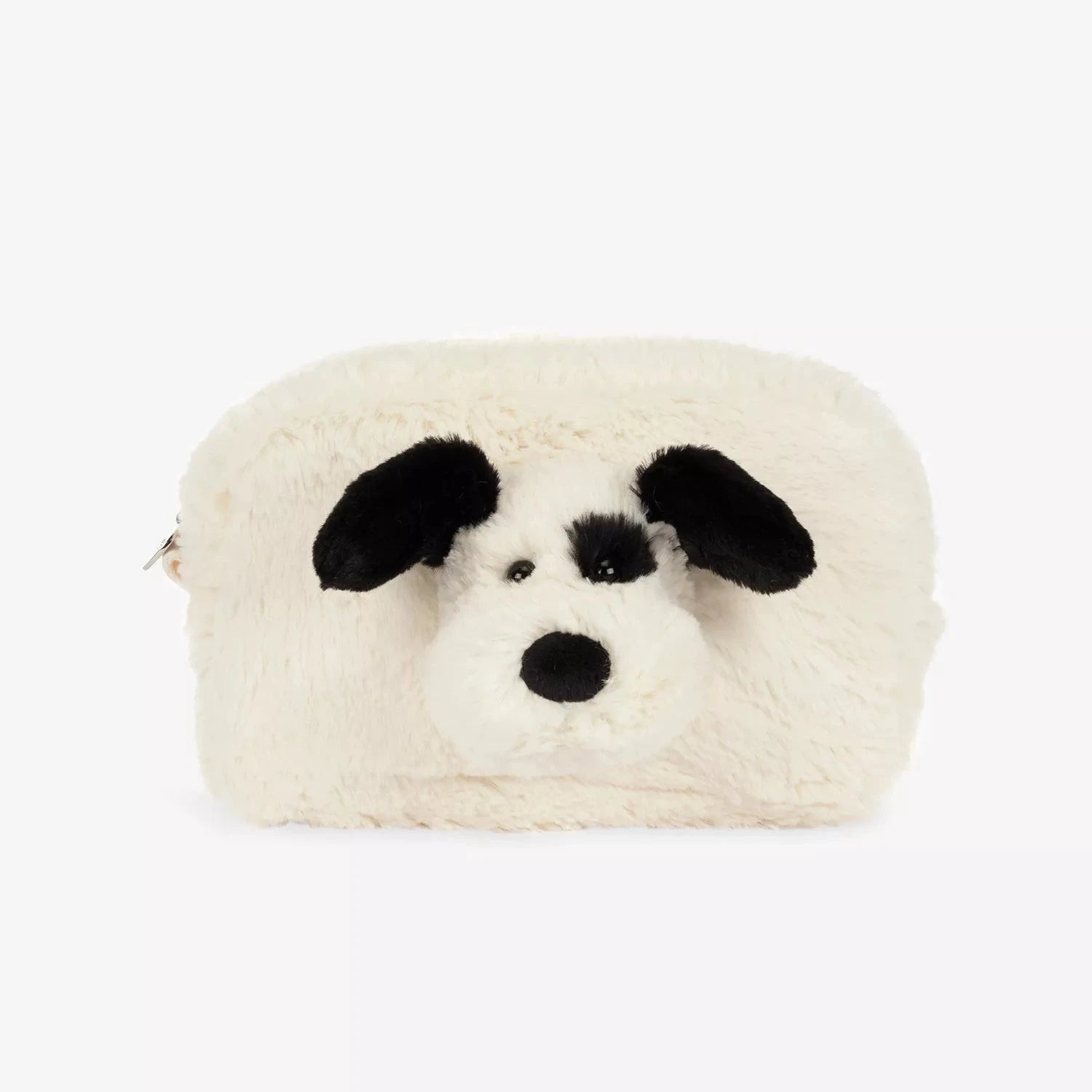 A fluffy cream-colored faux fur pouch shaped like a dog's face, featuring black ears, nose, and eyes, set against a plain white background.