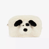 A fluffy cream-colored faux fur pouch shaped like a dog's face, featuring black ears, nose, and eyes, set against a plain white background.