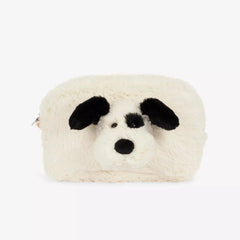 A fluffy cream-colored faux fur pouch shaped like a dog's face, featuring black ears, nose, and eyes, set against a plain white background.
