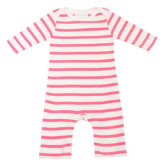 Bob & Blossom - Coral Pink & White Breton Striped Cotton All-In-One.