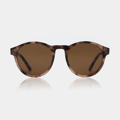 Sunglasses with tortoiseshell frame and brown lenses on a white background