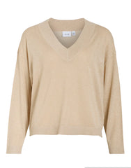Vila Ginny V-Neck Glitter Knit Top - Frosted Almond/ Light Gold