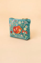 Powder Design - Velvet Embroidered Mini Pouch Folk Art Hedgehog Aqua