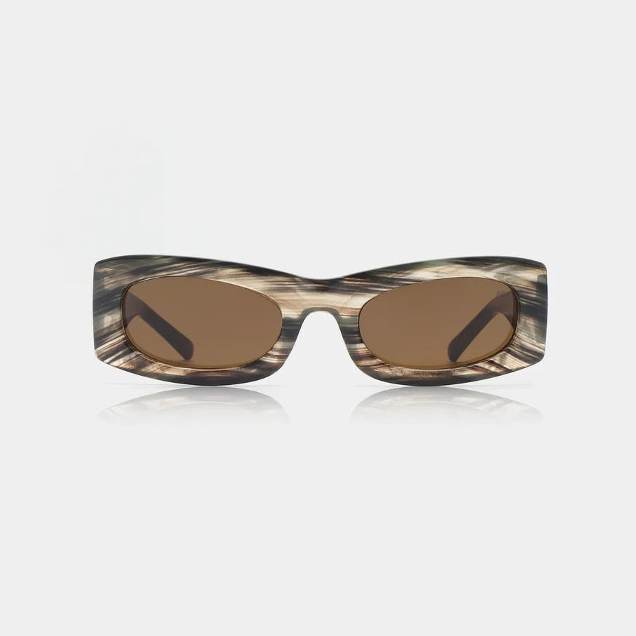 A pair of Frida sunglasses with a striped horn frame design and brown lenses.