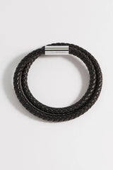 Bartlett Men's Leather Double Plaited Wrap Bracelet - Black