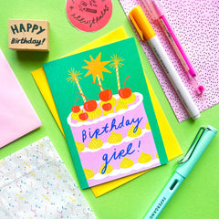 Kerrie Illustrates Birthday Girl Cake Birthday Card