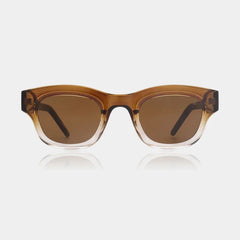 Unisex sunglasses with a rounded top and linear bottom design, featuring smoke and champagne color frames with tinted lenses.