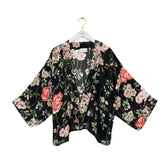 One Hundred Stars Trailing Blossom Black Crepe Kimono