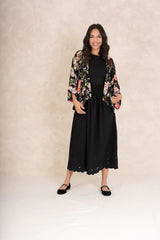 One Hundred Stars Trailing Blossom Black Crepe Kimono