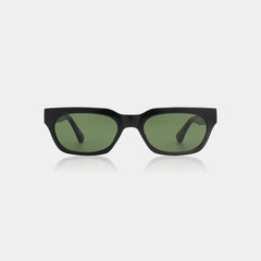 Black sunglasses with green lenses on a white background
