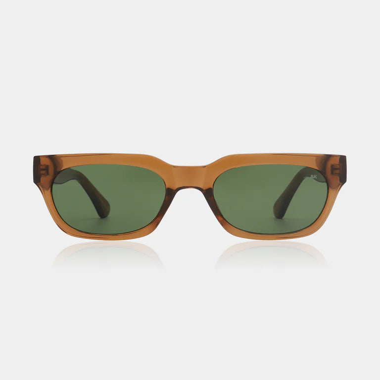 Sunglasses with brown frame and green lenses on a white background