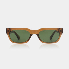 Sunglasses with brown frame and green lenses on a white background