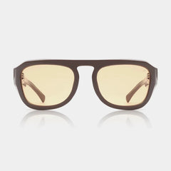 Sunglasses with brown frame and yellow-tinted lenses on a white background