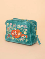 Powder Design - Velvet Embroidered Make-Up Bag Folk Art Hedgehog Aqua