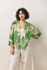 One Hundred Stars Pea Green Stork Short Kimono