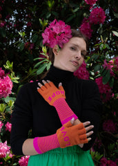 Quinton & Chadwick - Fingerless Love Hope Gloves in Orange and Fuchsia Pink