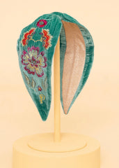 Powder Design - Velvet Embroidered Headband Floral Symmetry Aqua