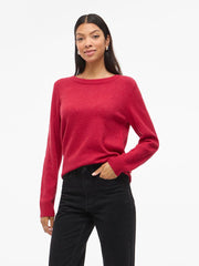 Vila Round Neck Knitted Pullover - Jester Red/ Dark Melan