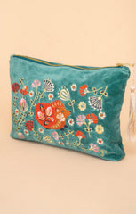 Powder Design - Velvet Embroidered Zip Pouch Folk Art Hedgehog Aqua