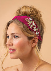 Powder Design - Velvet Embellished Headband Golden Wildflowers Fuchsia