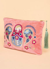 Powder Design - Velvet Embroidered Zip Pouch Matryoshka Doll Petal