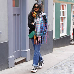 Lisa Angel Mustard and Blue Colourful Check Winter Scarf