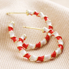 Lisa Angel Candy Cane Red and White Twisted Enamel Hoops in Gold
