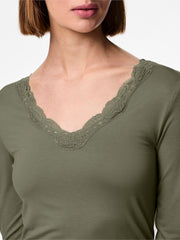 Pieces - Barbera Lace Long Sleeve Top - Deep Lichen Green