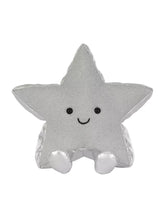 A silver star-shaped plush toy with a simple embroidered smiley face, sitting against a plain white background.