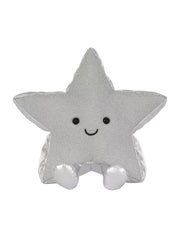A silver star-shaped plush toy with a simple embroidered smiley face, sitting against a plain white background.