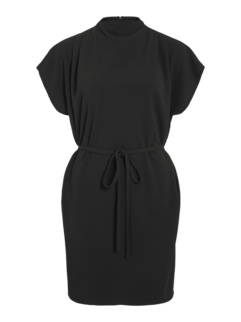 Black dress with a tie waist on a white background