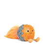 Plush toy resembling a hedgehog with orange body and gray spines on a white background