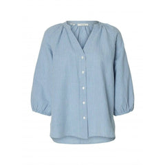 Selected Femme Linen Blend Shirt - Dusty Blue/ Bright White Stripes