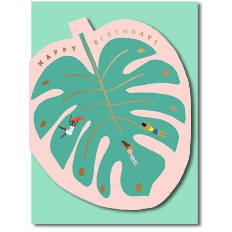 people sliding over a monstera leaf. base baby green.