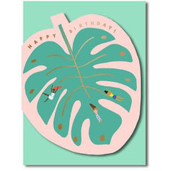 people sliding over a monstera leaf. base baby green.