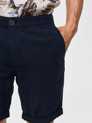 Straight Fit Linen Shorts - Navy