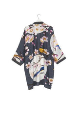 One Hundred Stars Blossom and Birds Charcoal Collar Kimono