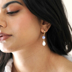 Lisa Angel - Blue Willow And Pearl Drop Huggie Earrings- Gold