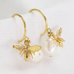 Lisa Angel - Gold Bee Charm and Pearl Hoop Earrings