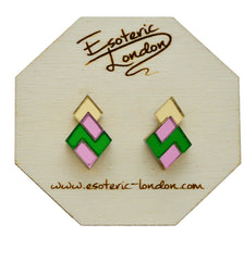 Esoteric London Acrylic Geometric Earrings - Pink/ Gold/ Green