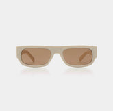 A pair of sunglasses with a retro oblong frame in a beige color with brown lenses.