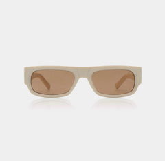 A pair of sunglasses with a retro oblong frame in a beige color with brown lenses.