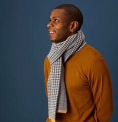 Catherine Tough Lambswool Scarf - Denim Blue and Grey Cross Pattern