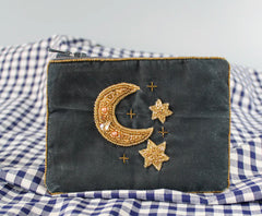 My Doris Slate Grey Velvet Beaded Moon & Stars Coin Purse