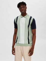 Selected Homme Mattis Knit Stripe Polo - Desert Sage / Sky Captain