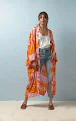 One Hundred Stars Ancient Columns Orange Crepe Long Kimono