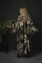 One Hundred Stars Iris Black Crepe Long Kimono