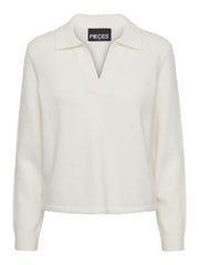 Pieces Flavia Long Sleeve Polo Wool Knit - Cloud Dancer