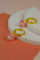 My Doris Eye Heart Enamel Hoop Earrings - Pink