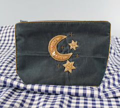 My Doris Slate Grey Velvet Beaded Moon & Stars Purse - Medium